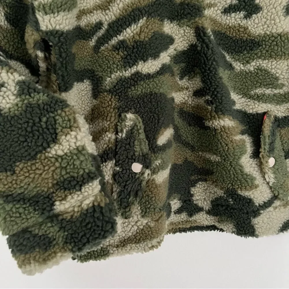 NWT J. Crew Camo Snap-Collar Sherpa Pullover Fleece Sweatshirt, Size XXS